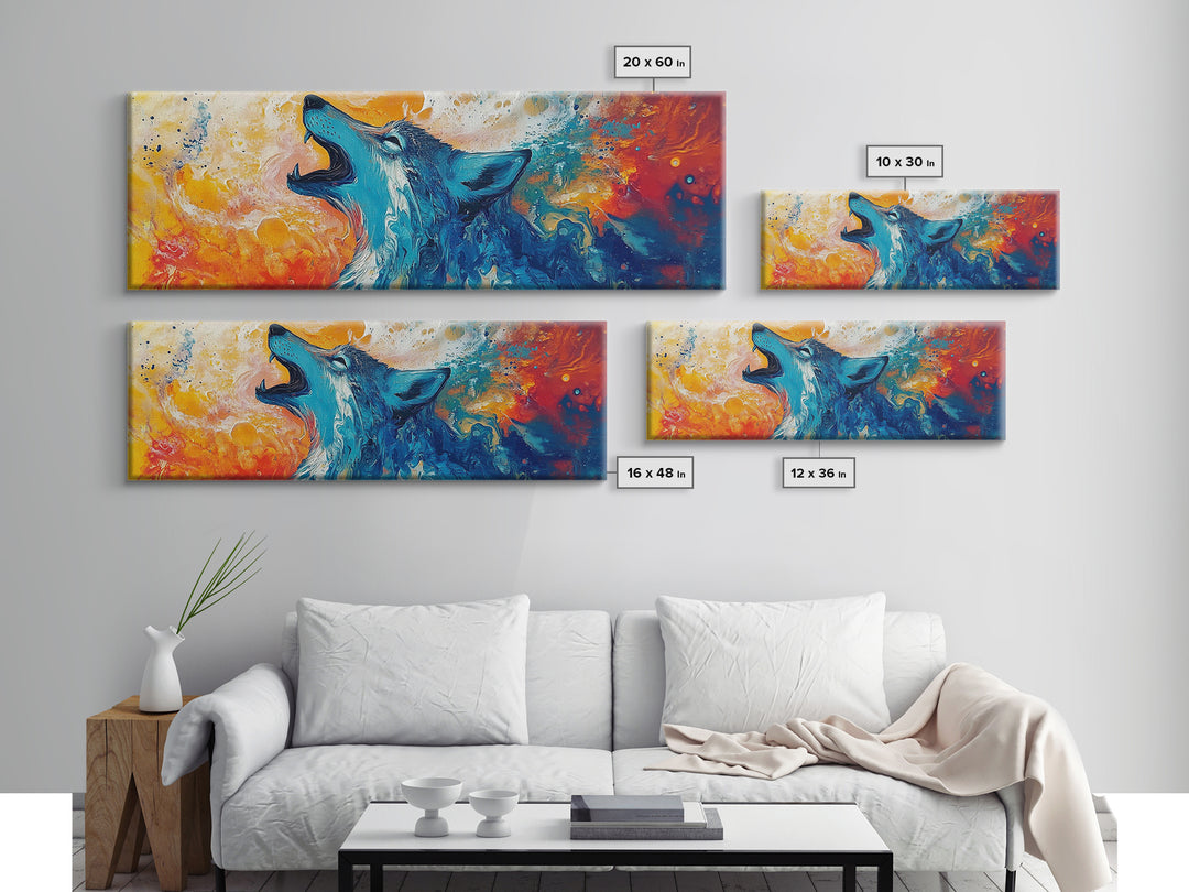 Abstract Wolf Art, moody art, blue and green wall art, extra wide art, framed canvas print, panoramic painting, rustic decor, southwest wall art