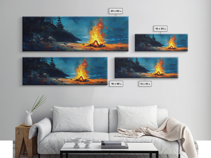 Coastal Cowgirl Wall Art, Framed Canvas Print, Campfire Painting, Rustic Decor, Moody Art, Extra Wide Art, Living Room Art, Above Couch Art