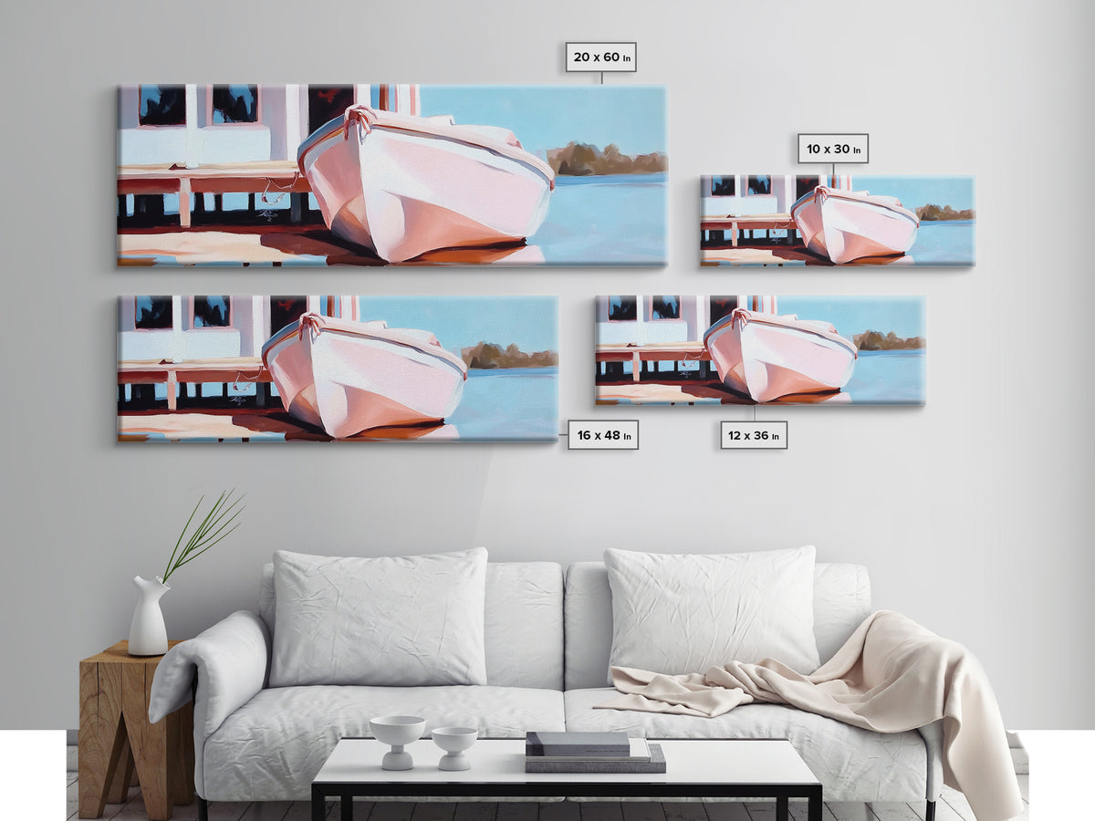 Nautical Wall Art, Framed Canvas Print, Coastal Decor, Boat Painting, Seascape Art, Extra Wide Art, Rustic Wall Art, Living Room Art, Gift Idea