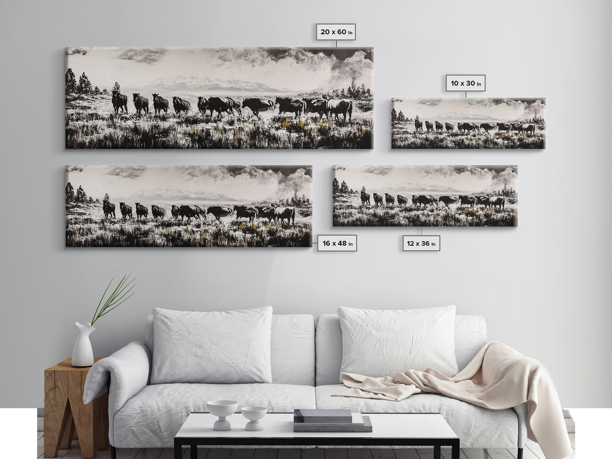 Black And White Wall Art, Framed Canvas Print, Vintage Horse Art, Rustic Wall Art, Extra Wide Art, Moody Art, Western Art, Above Bed Art