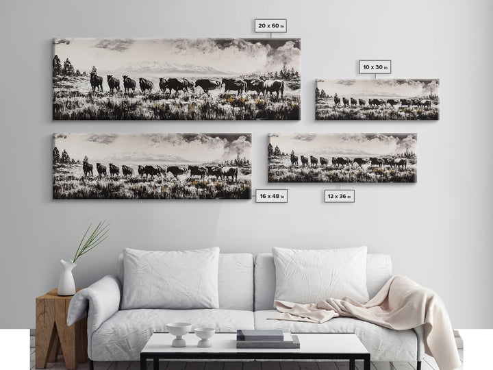 Black And White Wall Art, Framed Canvas Print, Vintage Horse Art, Rustic Wall Art, Extra Wide Art, Moody Art, Western Art, Above Bed Art