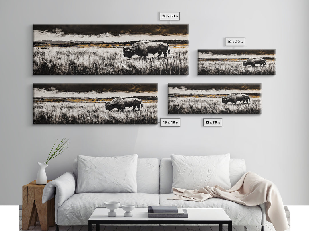 Bison painting, rustic art, black and white wall art, moody art, western decor, panoramic painting, extra wide art, framed canvas print