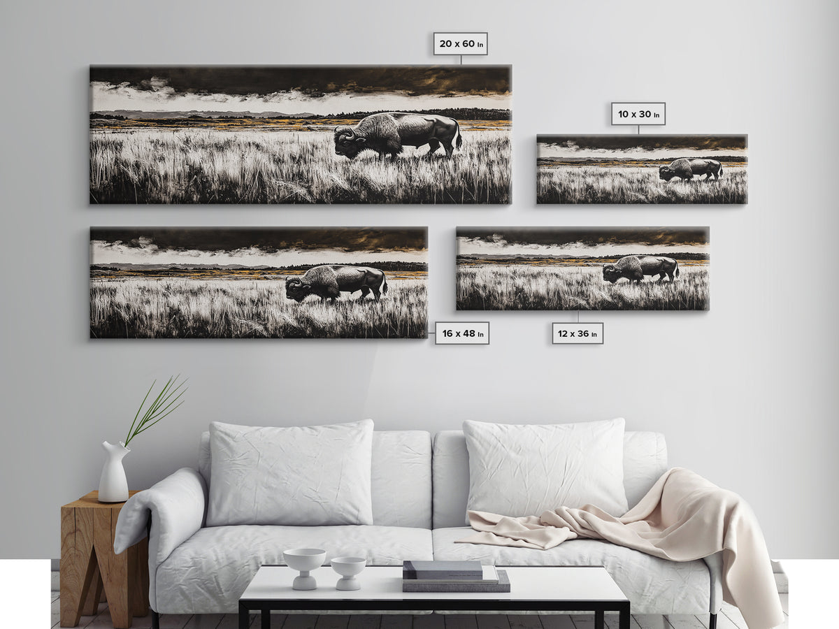 Bison painting, rustic art, black and white wall art, moody art, western decor, panoramic painting, extra wide art, framed canvas print