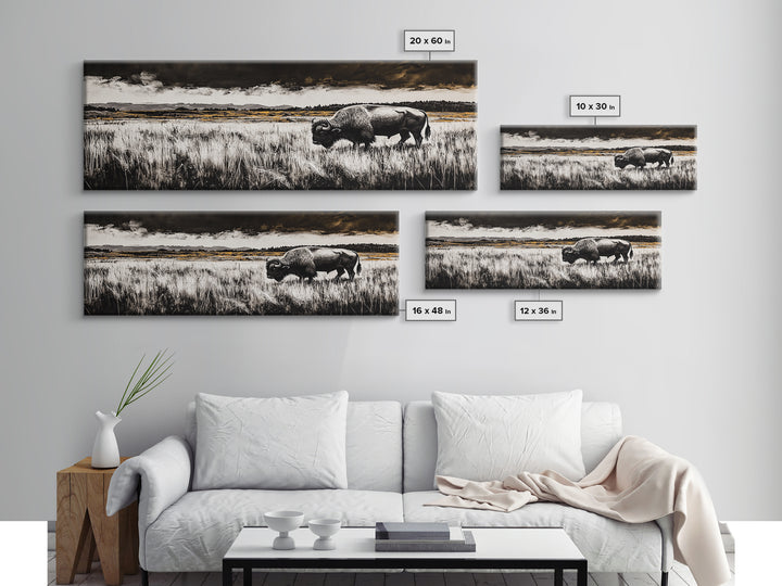 Bison painting, rustic art, black and white wall art, moody art, western decor, panoramic painting, extra wide art, framed canvas print