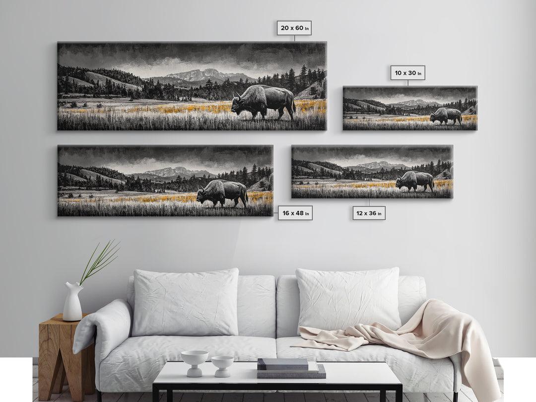 Bison art, mountain painting, black and white western art, farmhouse art, smoky mountain art, extra wide art, framed canvas print