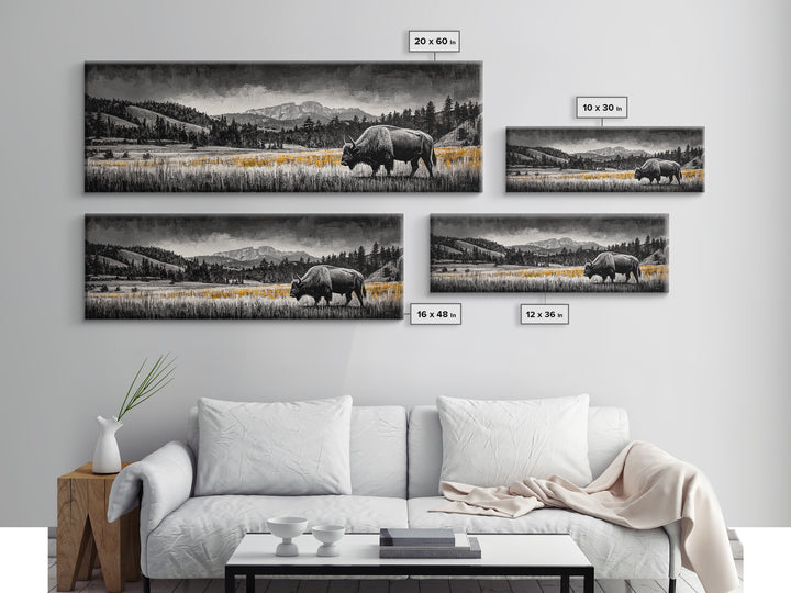 Bison art, mountain painting, black and white western art, farmhouse art, smoky mountain art, extra wide art, framed canvas print