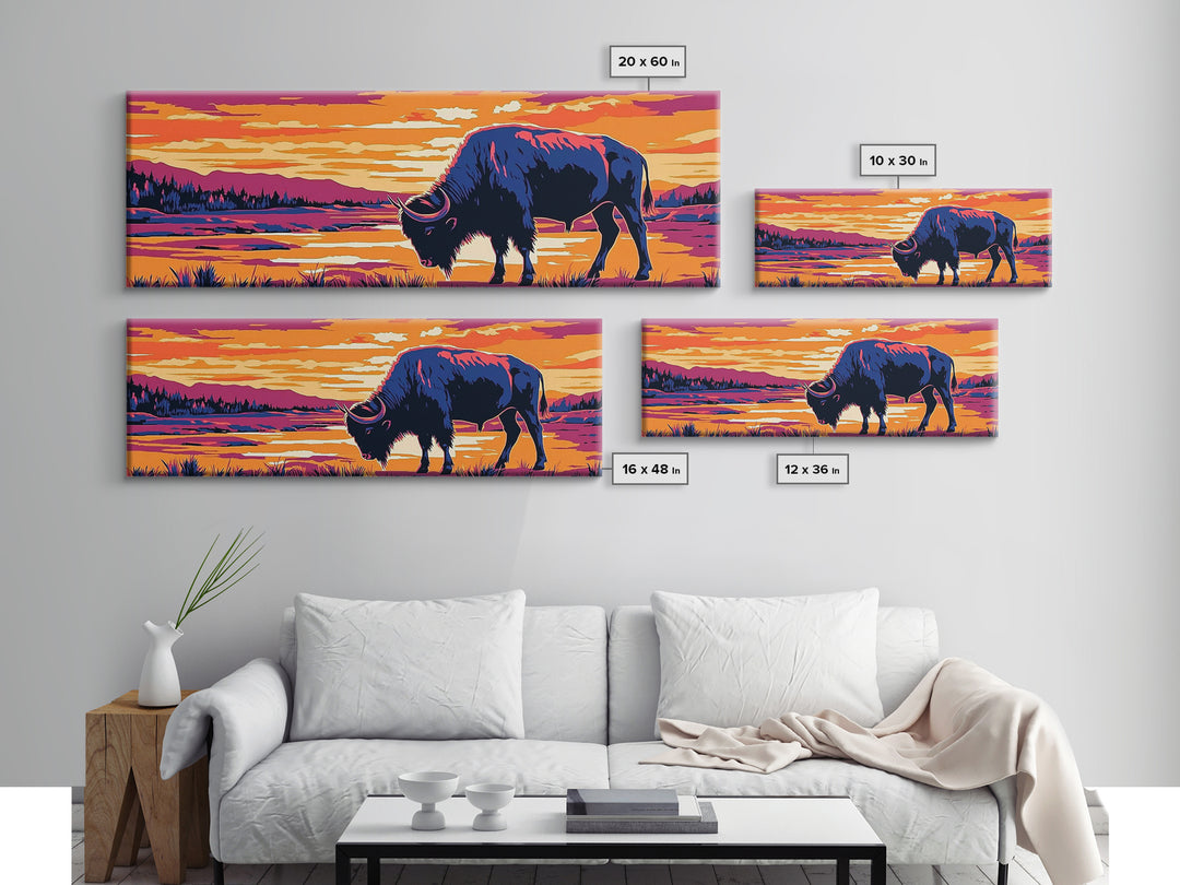 Buffalo painting, southwest wall art, rustic decor, pink orange wall art, cowboy art, above couch art, extra wide art, canvas print