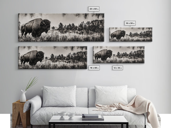 Bison landscape, black and white western painting, rustic decor, extra wide art, smoky mountain art, panoramic painting, framed canvas print