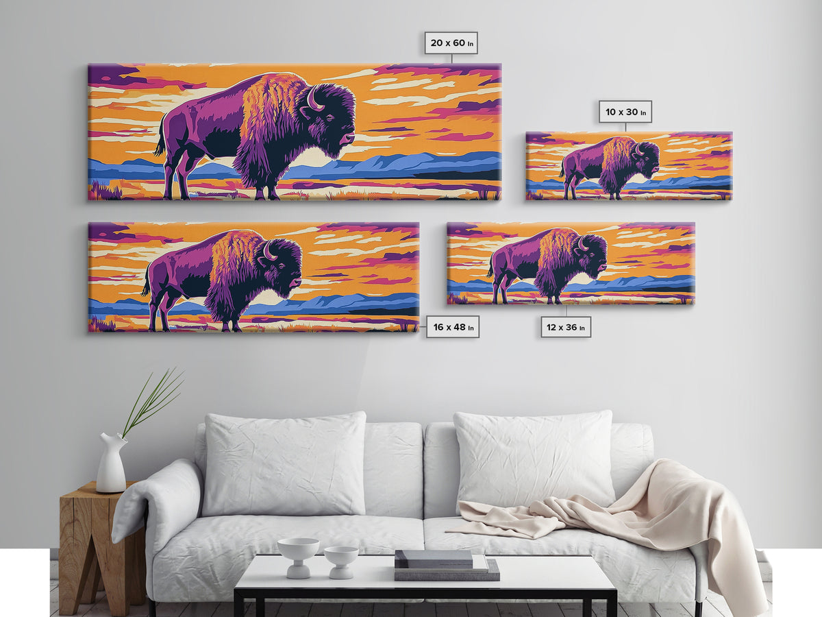 Bison, sunset, southwest wall art, buffalo, pink orange wall art, panoramic art, framed canvas print, extra wide art, rustic decor
