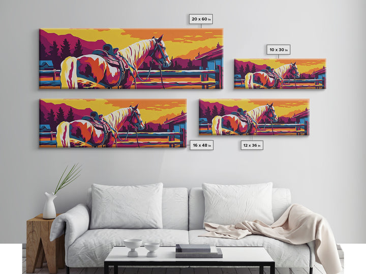 Western horse, saddle, cowboy, sunset, rustic wall art, panoramic art, framed canvas print, extra wide art, horse wall art