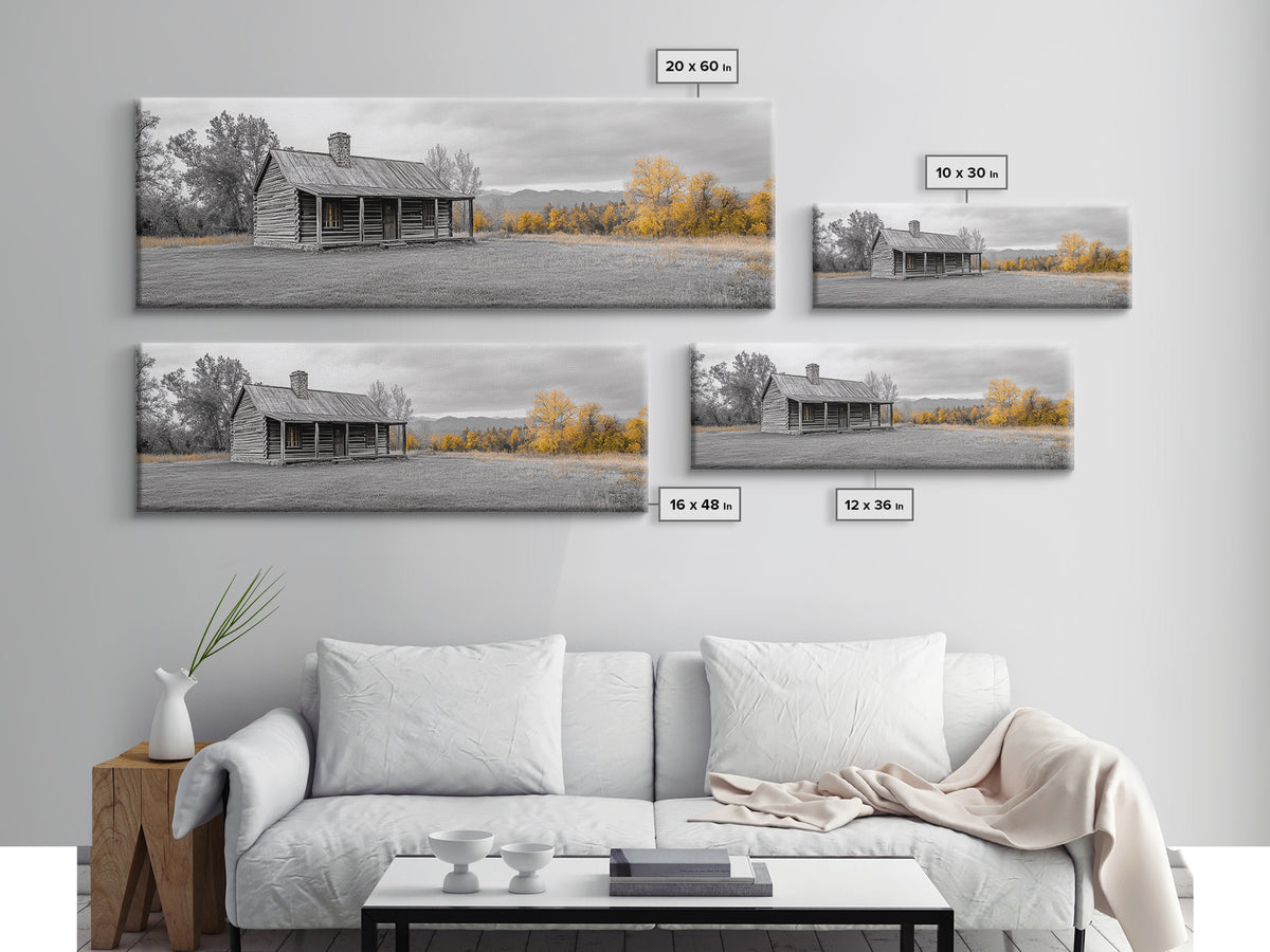 Log Cabin, Fall Art, Rustic Wall Art, Farmhouse Art, Cozy Cabin Art, Landscape Painting, Wabi Sabi Art, Above Couch Art, Framed Canvas Print