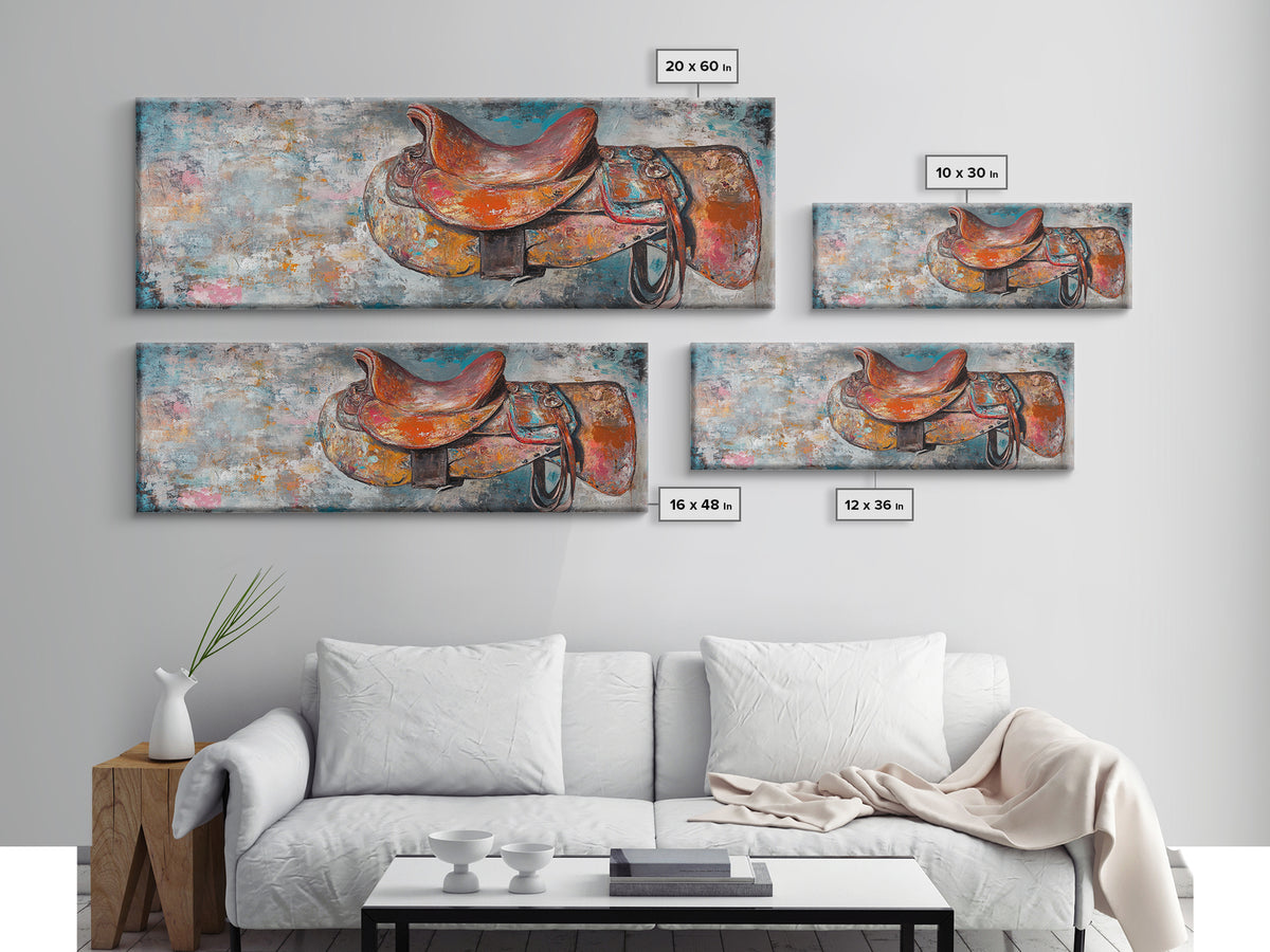 Abstract Saddle, horse wall art, abstract art, rustic decor, extra wide art, framed canvas print, above sofa art, living room decor