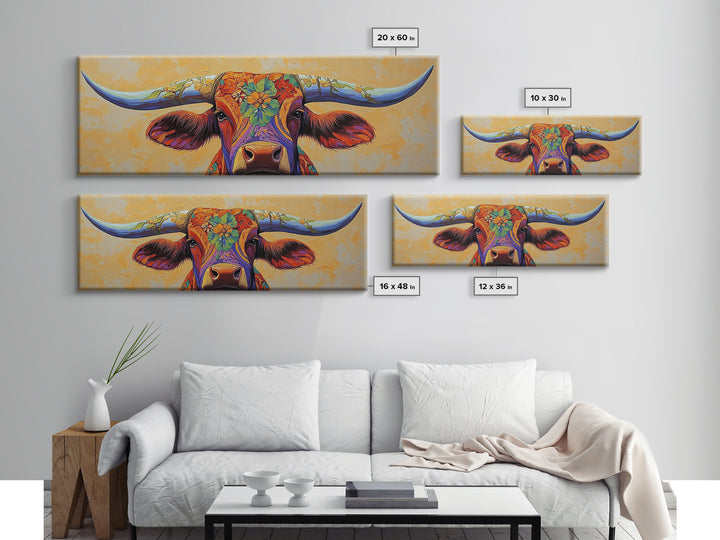 Floral Longhorn Art, Southwestern Wall Art, Texas Cow Art, Rustic Farmhouse Decor, Boho Art, Framed Canvas Print, Moody Art