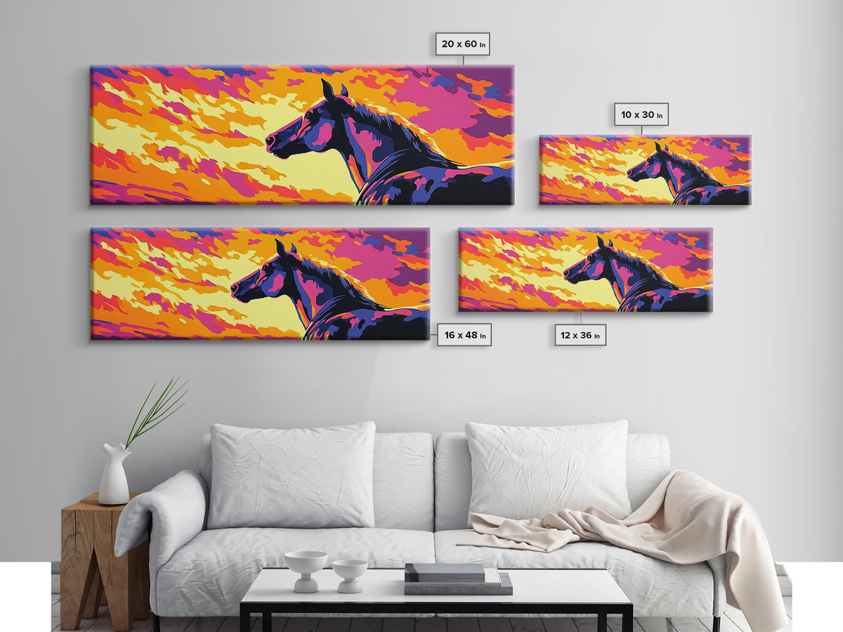 Wild horse, southwest wall art, pink orange wall art, geometric wall art, extra wide art, framed canvas print, panoramic painting, boho art