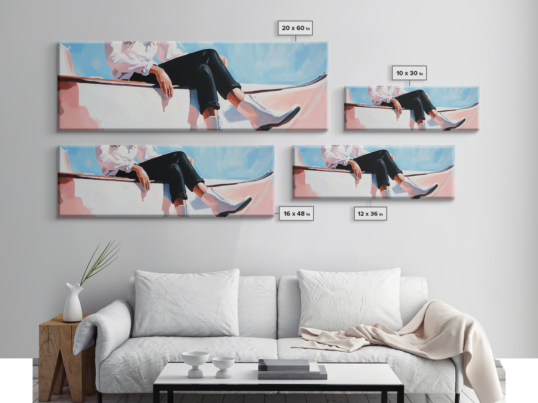 Coastal cowgirl, beach aesthetic, nautical decor, minimalist art, pastel painting, extra wide art, framed canvas print, surf wall art