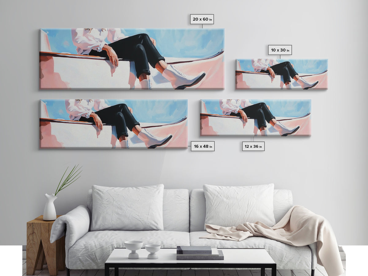 Coastal cowgirl, beach aesthetic, nautical decor, minimalist art, pastel painting, extra wide art, framed canvas print, surf wall art