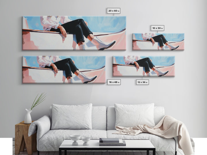 Coastal cowgirl, beach aesthetic, nautical decor, minimalist art, pastel painting, extra wide art, framed canvas print, surf wall art