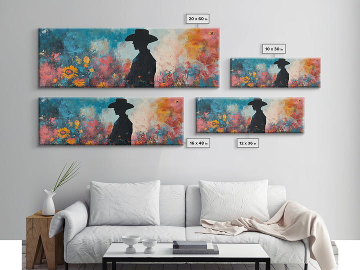 Black cowgirl painting, western decor, wildflower painting, boho art, extra wide art, framed canvas print, rustic decor, poppy wall art