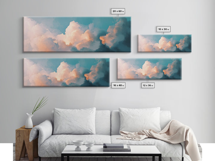 Cloud painting, sky wall art, soft pastel art, extra wide art, bedroom art, panoramic painting, framed canvas print, wabi sabi art