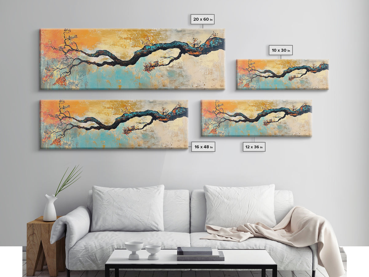 Birch tree painting, autumn decor, extra wide art, botanical prints, nature wall art, framed canvas print, long narrow wall art, wabi sabi art