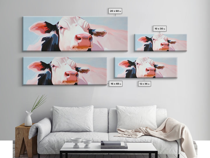 Cow painting, farmhouse art, rustic decor, barn landscape oil painting, extra wide art, framed canvas print, whimsical art, light pink wall art