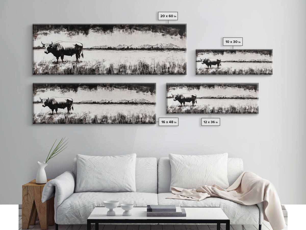 Bull and bear art, black and white painting, rustic wall art, farmhouse decor, extra wide art, framed canvas print, moody art, landscape painting