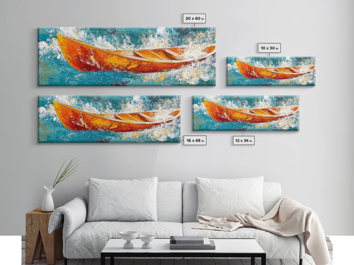 Boat in Waves, coastal wall art, nautical painting, extra wide horizontal art, ocean decor, farmhouse art, framed canvas print