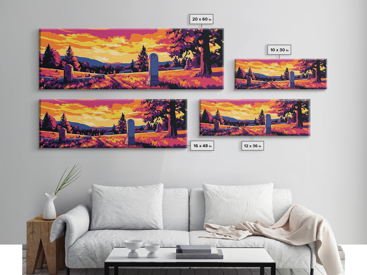 Western Graveyard, cowboy art, gothic painting, southwest wall art, dark angels wall art, extra wide moody art, framed canvas print
