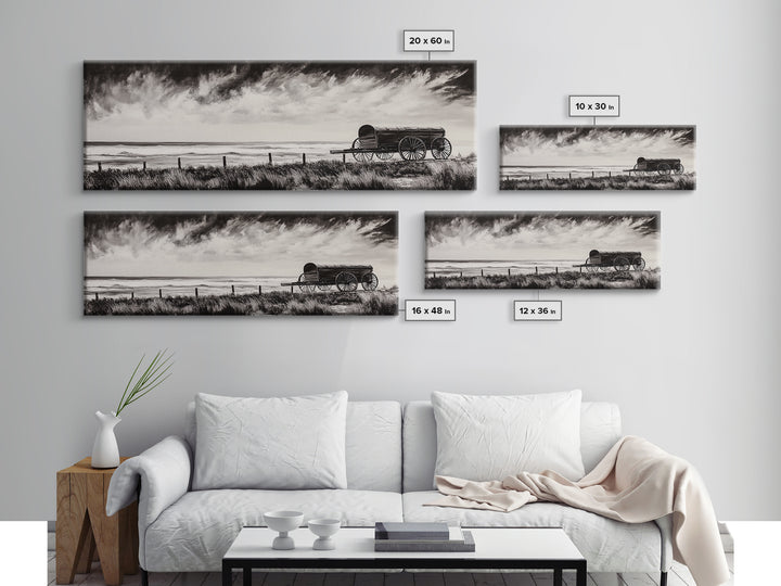 Stormy Wagon, black and white art, moody western painting, rustic decor, farmhouse wall art, extra wide panoramic art, framed canvas print.