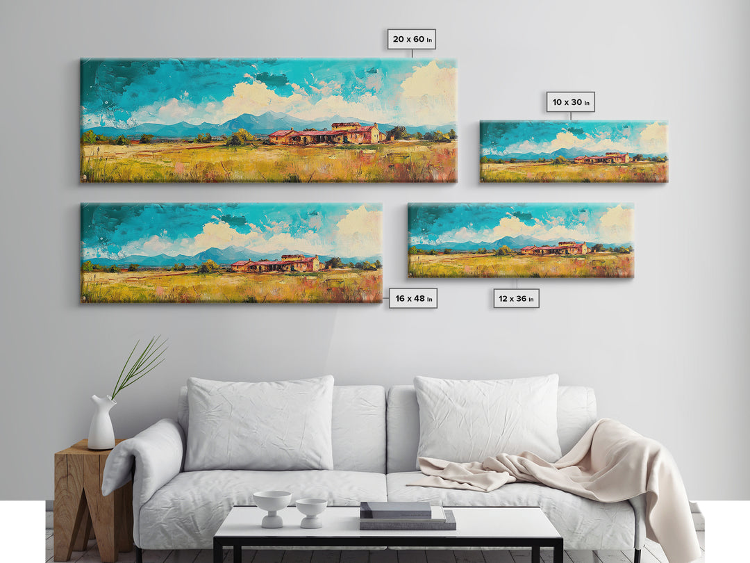 Desert Homestead, western wall art, rustic art, farmhouse painting, southwest landscape painting, extra wide art, framed canvas print