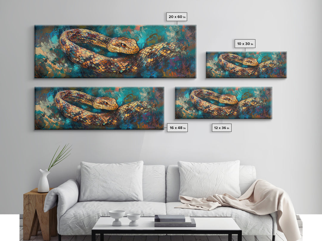 Coiled Serpent, moody art, snake painting, dark romance art, gothic decor, rustic wall art, panoramic wall art, framed canvas print