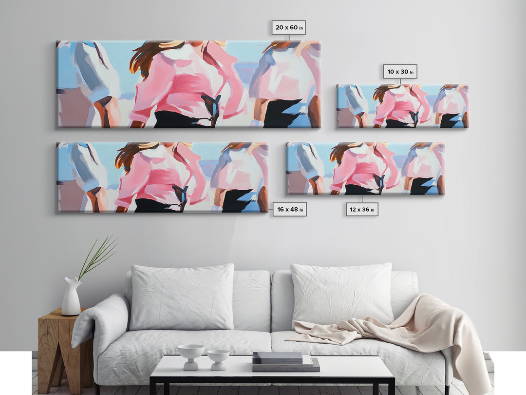 Cowgirl Trio, western art, black cowgirl painting, pink abstract art, extra wide art, light pink wall art, framed canvas print