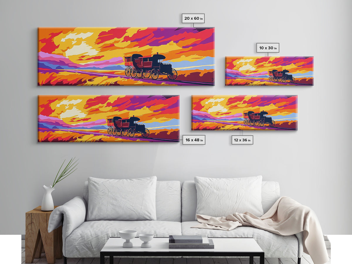 Stagecoach Sunset, southwest wall art, Joshua tree art, pink orange wall art, rustic art, vintage horse art, canvas print