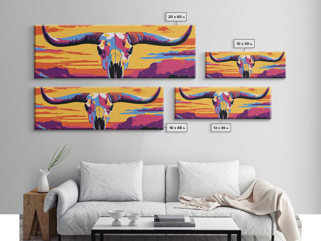 Longhorn Skull, southwest wall art, bull and bear art, pink orange wall art, extra wide art, Framed Canvas Print, rustic decor