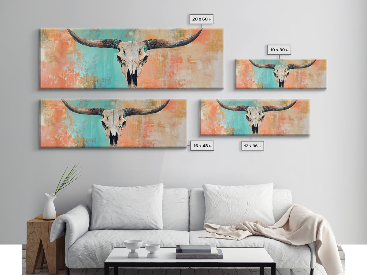 Rustic Skull, vintage horse art, southwest wall art, skull art, panoramic painting, rustic wall art, boho art, Canvas Print, farmhouse art