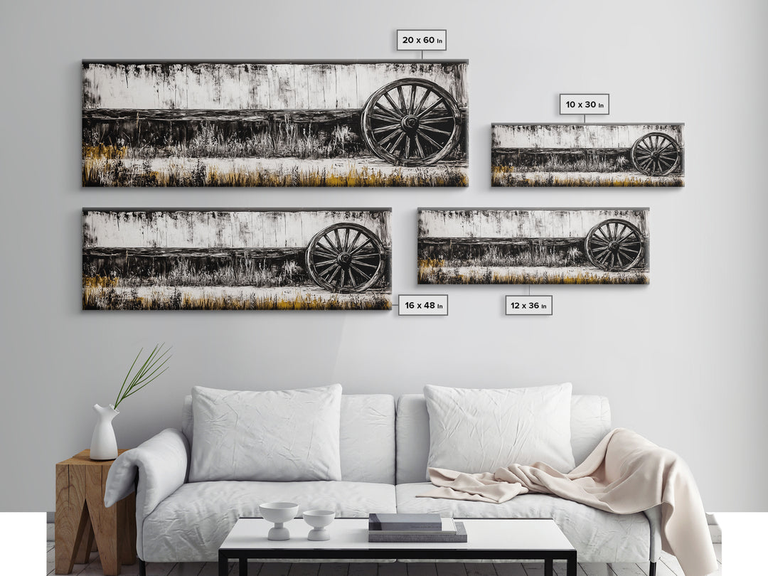 Wagon Wheel, barn landscape oil painting, black and white art, rustic decor, farmhouse art, extra wide art, Framed Canvas Print, moody art