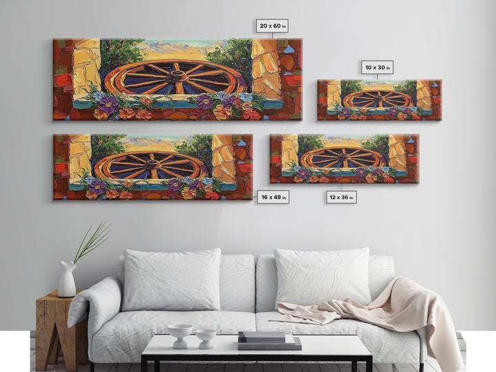 Rustic Wagon Wheel, farmhouse art, southwest wall art, wildflower painting, boho art, extra wide art, framed canvas print, landscape painting