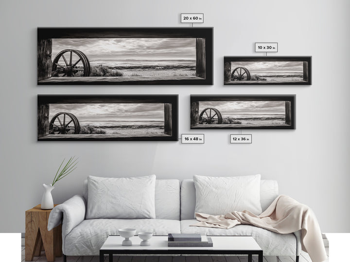 Black White Wagon, rustic decor, panoramic art, moody art, extra wide art, barn landscape oil painting, framed canvas print, living room art