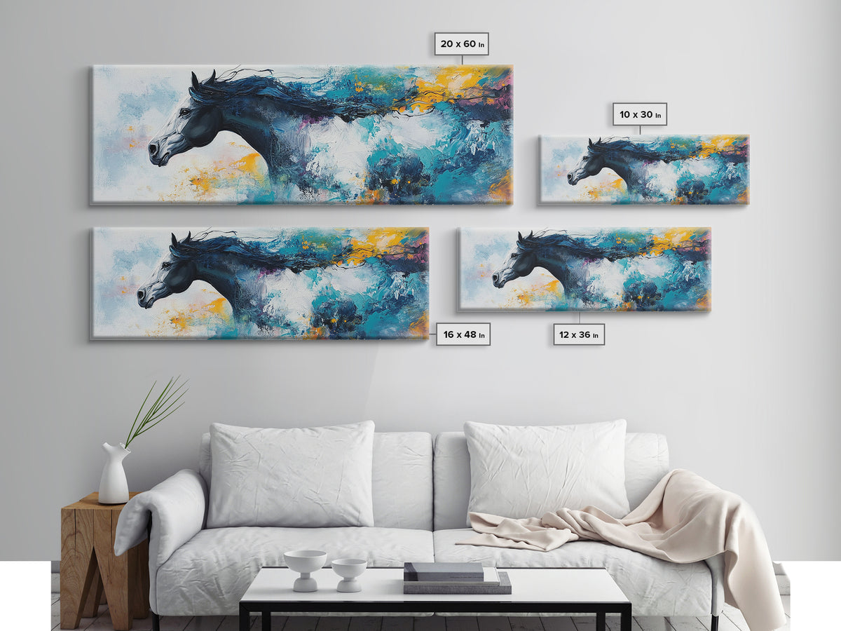 Horse Wall Art, Framed Canvas Print, Extra Wide Art, Blue and Green Wall Art, Moody Art, Rustic Decor, Panoramic Art, Farmhouse Art, Gift Idea for Him