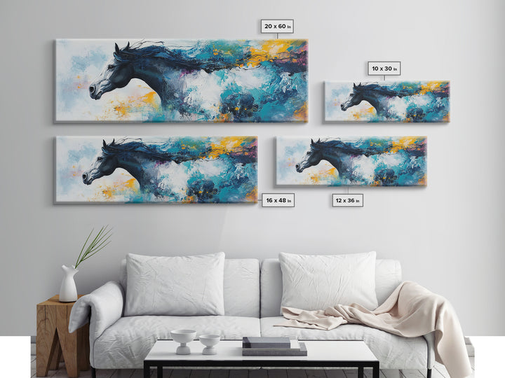 Horse Wall Art, Framed Canvas Print, Extra Wide Art, Blue and Green Wall Art, Moody Art, Rustic Decor, Panoramic Art, Farmhouse Art, Gift Idea for Him