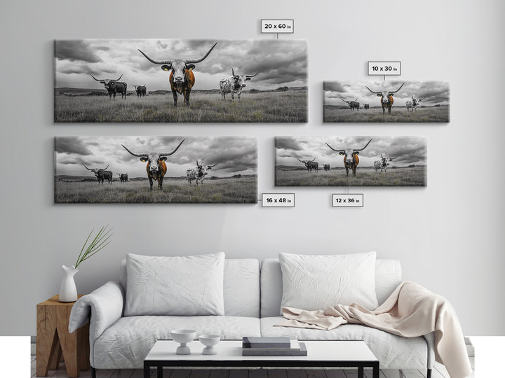 Texas Longhorns, Bull and Bear Art, Rustic Wall Art, Moody Art, Extra Wide Art, Framed Canvas Print, Horizontal Wall Art, Gift Idea