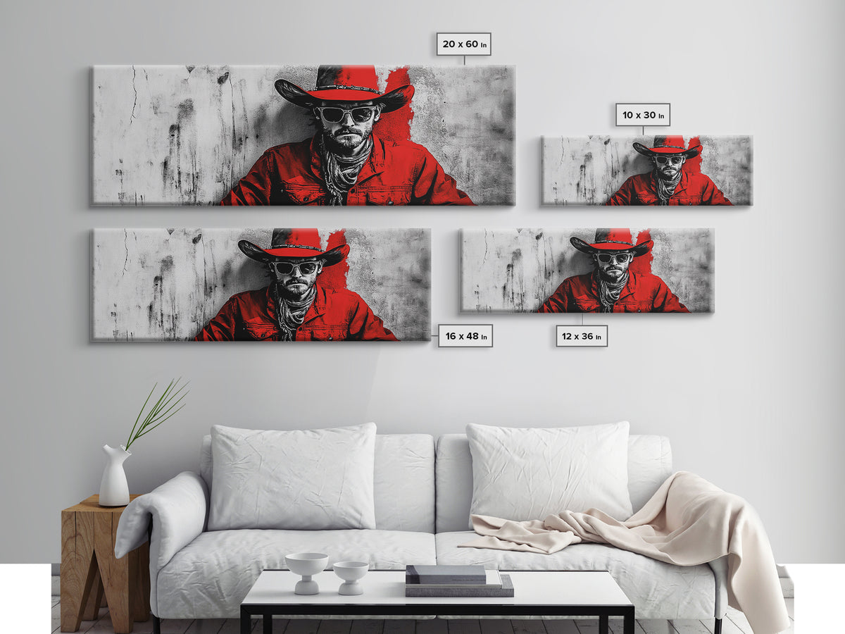 Cowboy Portrait, Rustic Art, Cowboy Painting, Western Wall Art, Extra Wide Art, Framed Canvas Print, Gift Idea, Panoramic Art