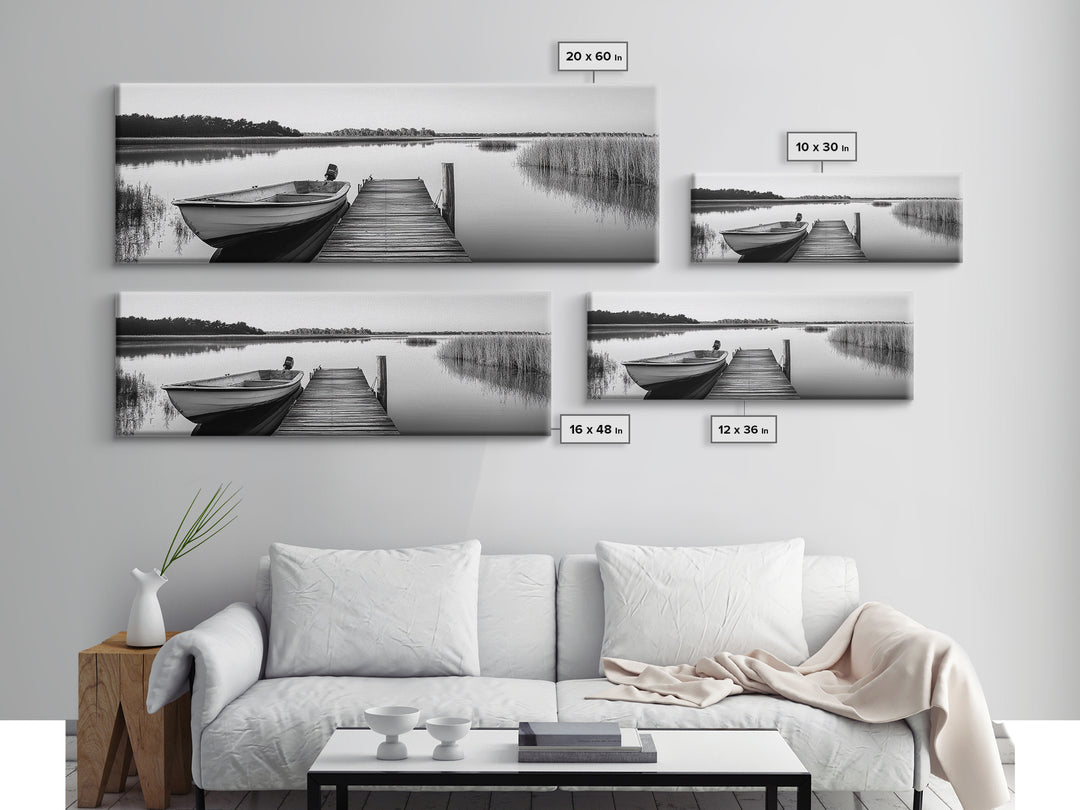 Boat On Dock, Nautical Wall Art, Framed Canvas Print, Coastal Landscape Art, Rustic Decor, Extra Wide Art, Minimalist Art, Bedroom Art