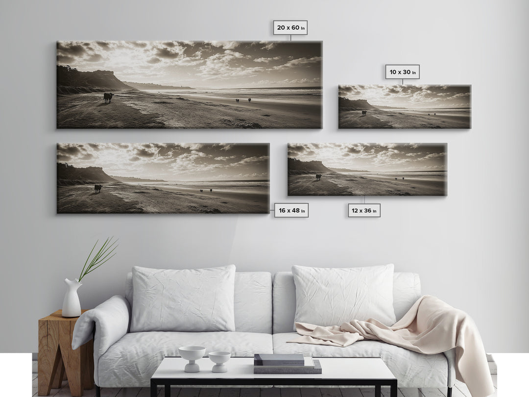 Cattle On Beach, Wabi Sabi Art, Framed Canvas Print, Coastal Landscape Art, Rustic Decor, Extra Wide Art, Moody Art, Minimalist Art