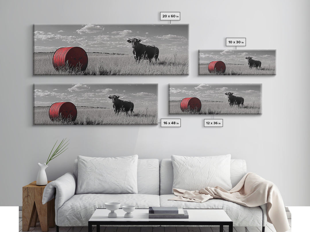 Black Cow, Farmhouse Art, Rustic Decor, Western Wall Art, Long Narrow Wall Art, Moody Art, Extra Wide Art, Framed Canvas Print