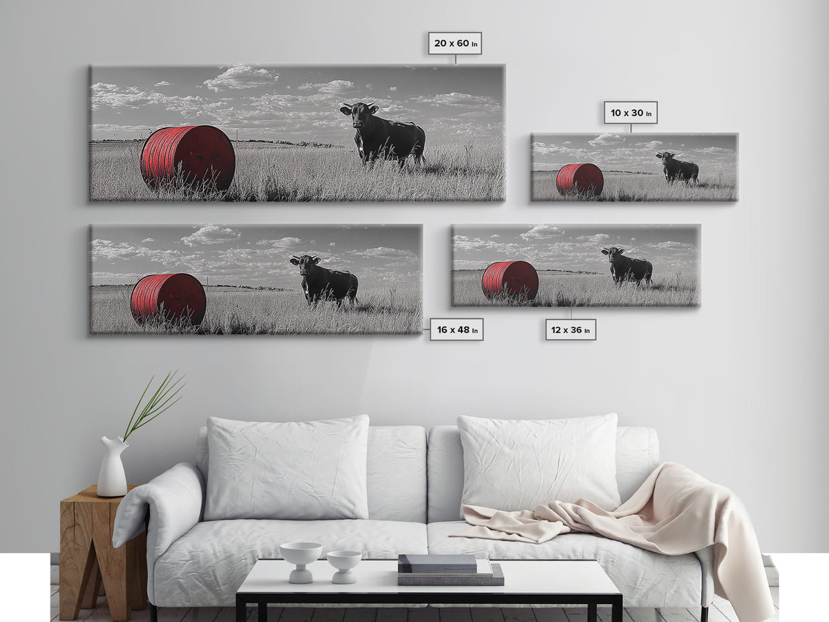 Black Cow, Farmhouse Art, Rustic Decor, Western Wall Art, Long Narrow Wall Art, Moody Art, Extra Wide Art, Framed Canvas Print