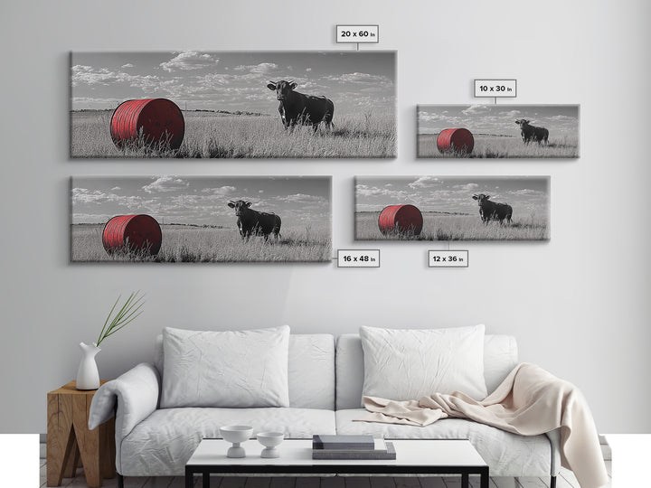 Black Cow, Farmhouse Art, Rustic Decor, Western Wall Art, Long Narrow Wall Art, Moody Art, Extra Wide Art, Framed Canvas Print