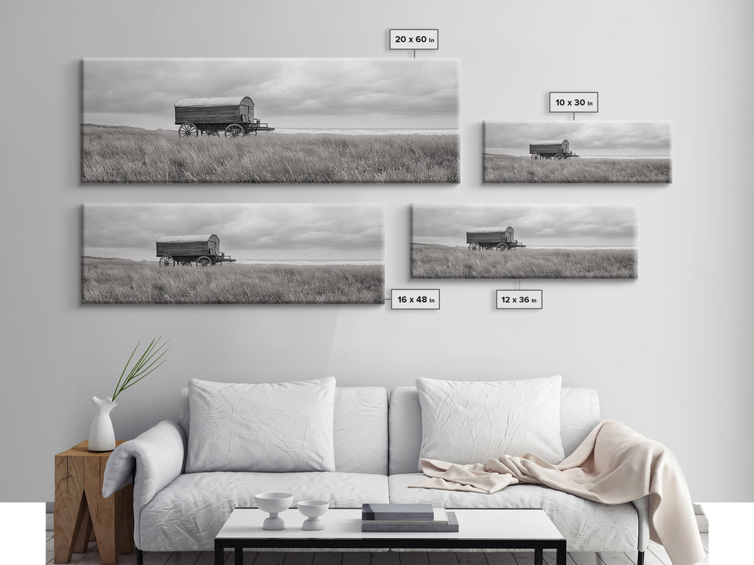 Coastal Wagon, Wabi Sabi Art, Canvas Print, Coastal Landscape Art, Rustic Wall Art, Extra Wide Art, Moody Art, Above Couch Art