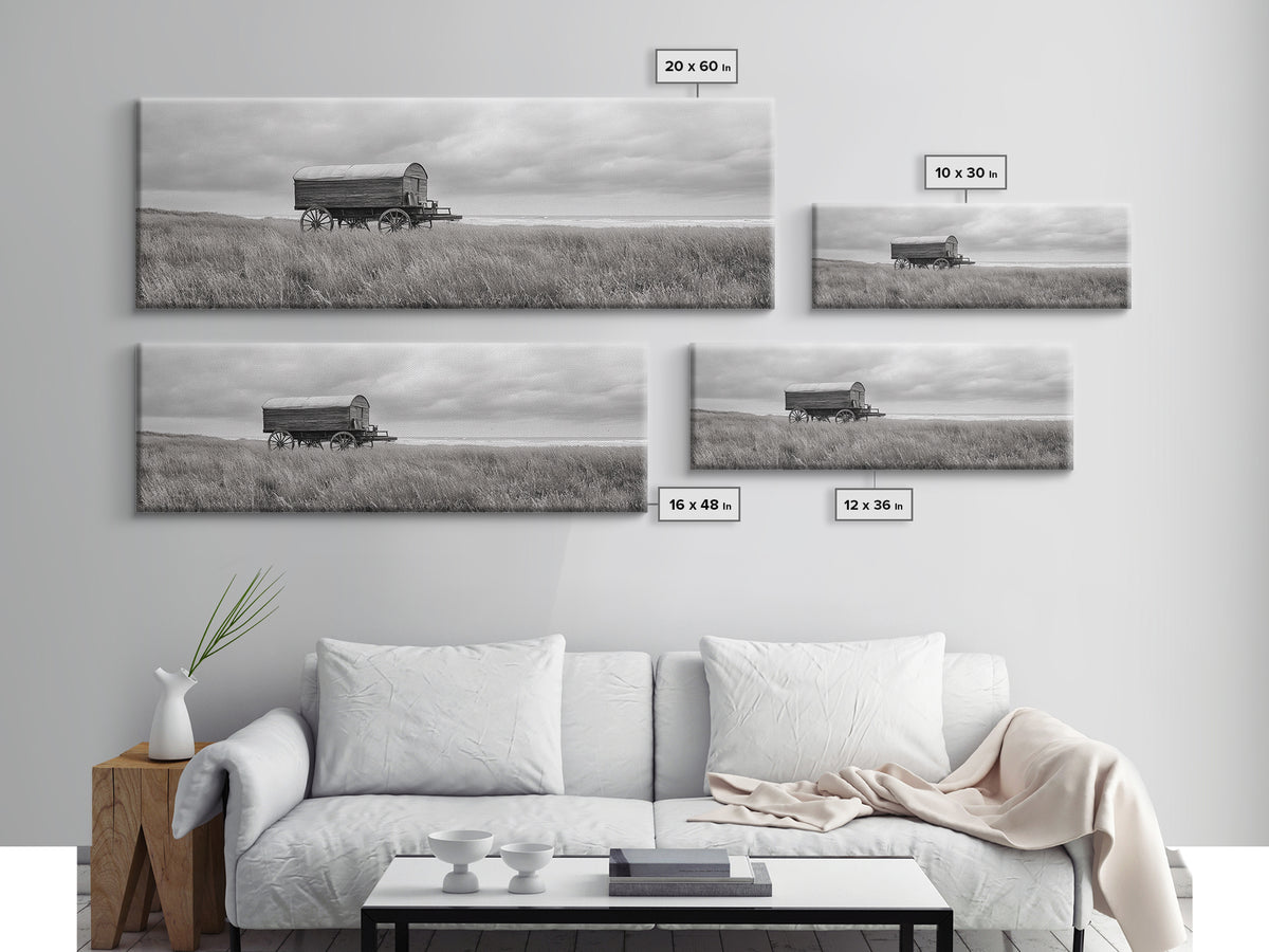 Coastal Wagon, Wabi Sabi Art, Canvas Print, Coastal Landscape Art, Rustic Wall Art, Extra Wide Art, Moody Art, Above Couch Art