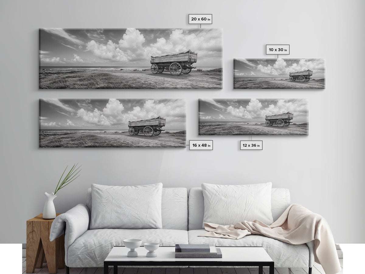 Rustic Wagon, coastal landscape art, extra wide art, panoramic painting, farmhouse art, framed canvas print, nautical wall art